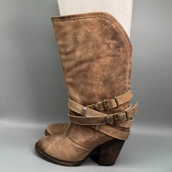 Freebird by Steven Teagan Women's 8 Brown Leather Boots Block Heel Back Zip